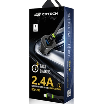 Carregador Veicular USB C3Tech Fast Charge 2.4A c/Cabo Lightning UCV-L240BK 2 USB