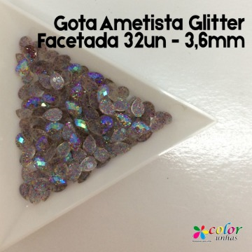 Gota Ametista Glitter Facetada 32un - 3,6mm